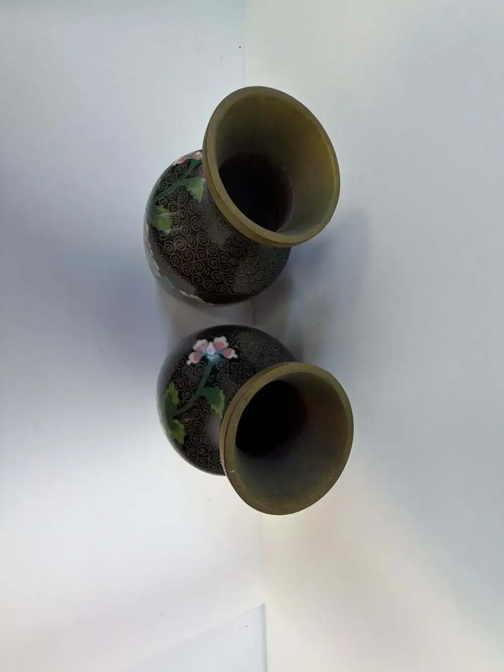 Vintage‎ Pair of Chinese Cloisonné Floral Vases Black Enamel